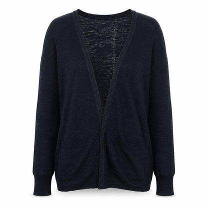 Front view of Next women’s blue v-neck acrylic cardigan jumper, size UK 10