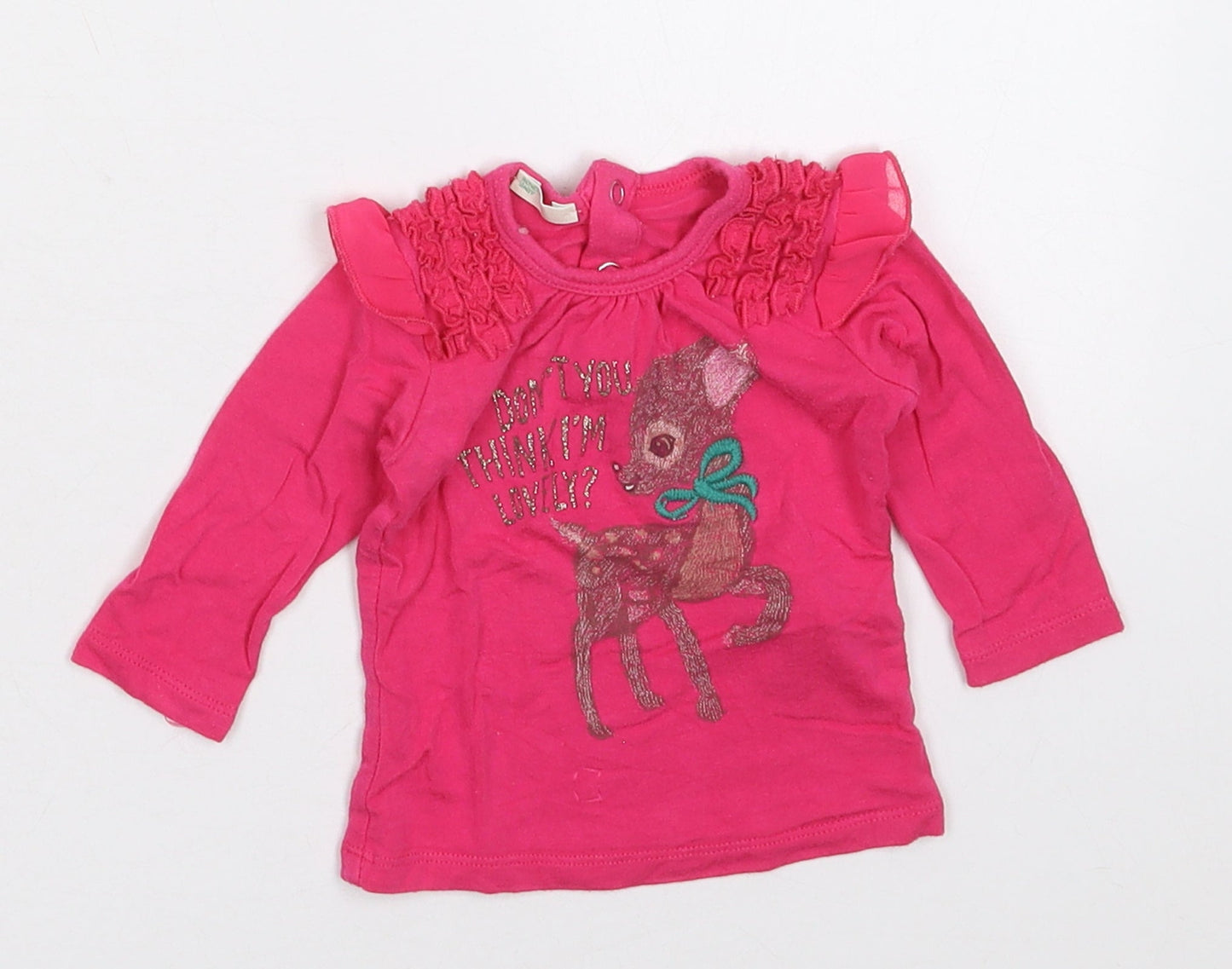 Benetton Girls Pink  Vinyl Basic T-Shirt Size 0-3 Months Crew Neck Pullover - Lovely Deer