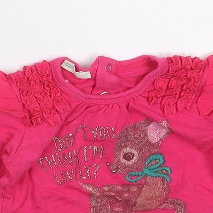 Benetton Girls Pink  Vinyl Basic T-Shirt Size 0-3 Months Crew Neck Pullover - Lovely Deer