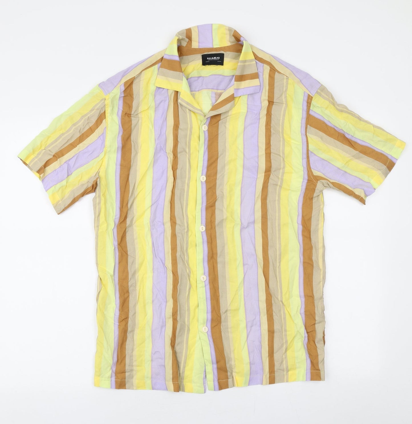 Pull & Bear Mens Multicoloured Striped Viscose  Button-Up Size S Collared Button