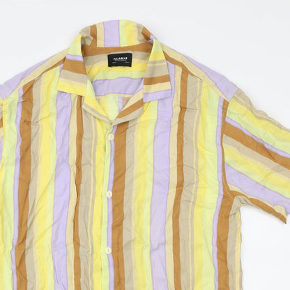 Pull & Bear Mens Multicoloured Striped Viscose  Button-Up Size S Collared Button
