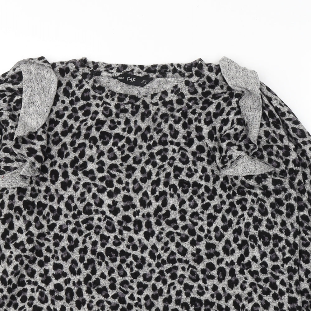 F&F Womens Grey Round Neck Animal Print Viscose Pullover Jumper Size 10