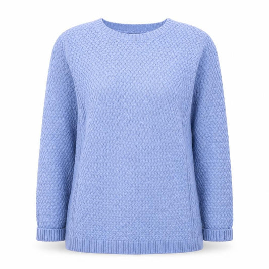 Front view of Isle women’s blue round neck acrylic jumper, size UK 10