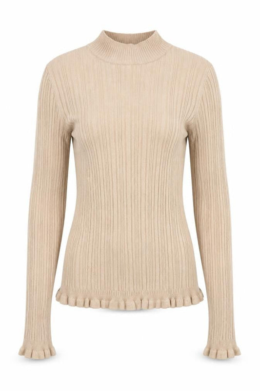 Front view of Miss Selfridge women’s beige mock neck viscose jumper, size UK 10