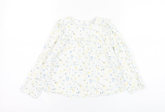 Primark Girls Ivory Floral Cotton Tunic Blouse Size 6-7 Years Round Neck Pullover
