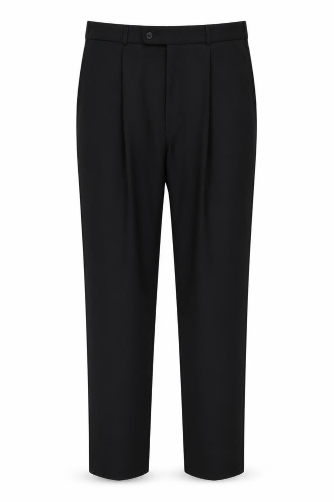 Front view of Preworn women’s black polyester trousers, size UK 36, in, 32-inch leg regular button