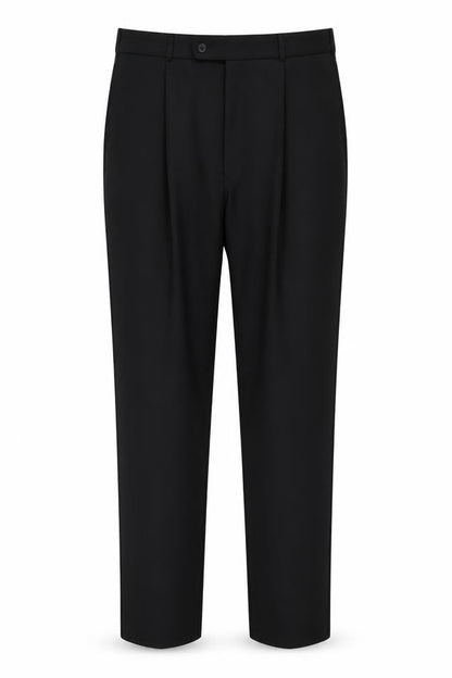 Front view of Preworn women’s black polyester trousers, size UK 36, in, 32-inch leg regular button