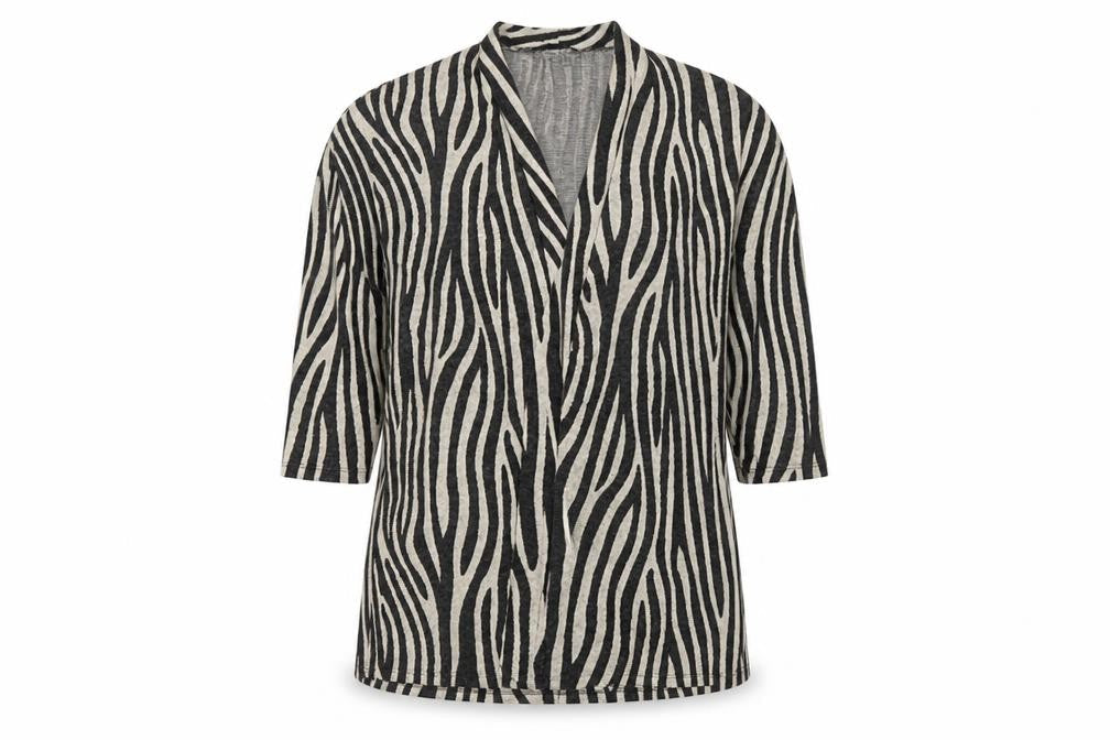 Front view of Bonmarché women’s black v-neck geometric polyester cardigan jumper, size UK 14