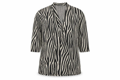 Front view of Bonmarché women’s black v-neck geometric polyester cardigan jumper, size UK 14