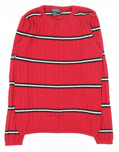 Primark Womens Red Crew Neck Striped Polyester Pullover Jumper Size 12