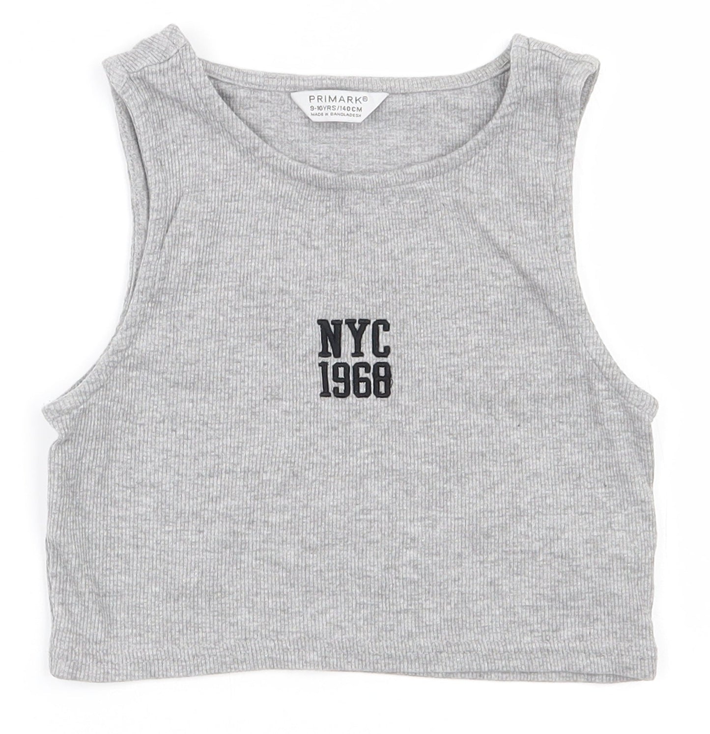 Primark Girls Grey  Cotton Cropped Tank Size 9-10 Years Round Neck Pullover