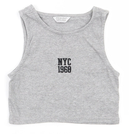 Primark Girls Grey  Cotton Cropped Tank Size 9-10 Years Round Neck Pullover