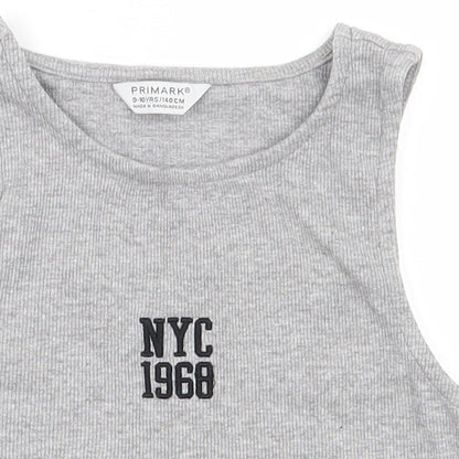 Primark Girls Grey  Cotton Cropped Tank Size 9-10 Years Round Neck Pullover