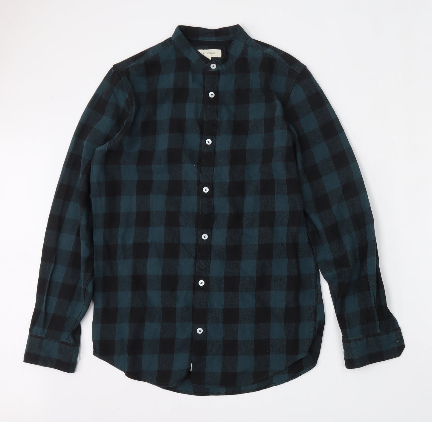 River Island Mens Green Plaid Cotton  Button-Up Size S Mock Neck Button