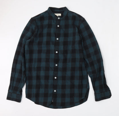 River Island Mens Green Plaid Cotton  Button-Up Size S Mock Neck Button
