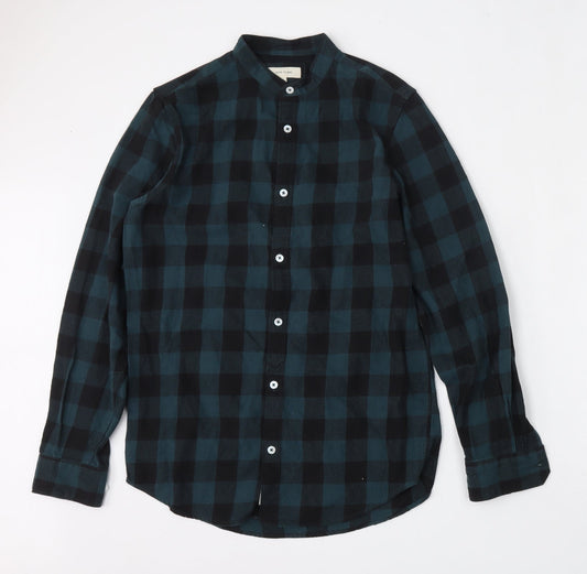 River Island Mens Green Plaid Cotton  Button-Up Size S Mock Neck Button