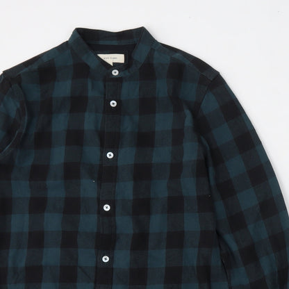 River Island Mens Green Plaid Cotton  Button-Up Size S Mock Neck Button