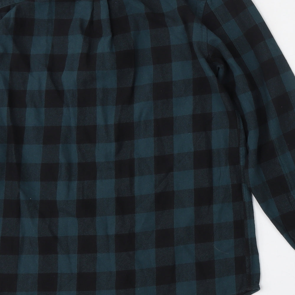 River Island Mens Green Plaid Cotton  Button-Up Size S Mock Neck Button