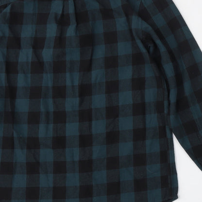 River Island Mens Green Plaid Cotton  Button-Up Size S Mock Neck Button