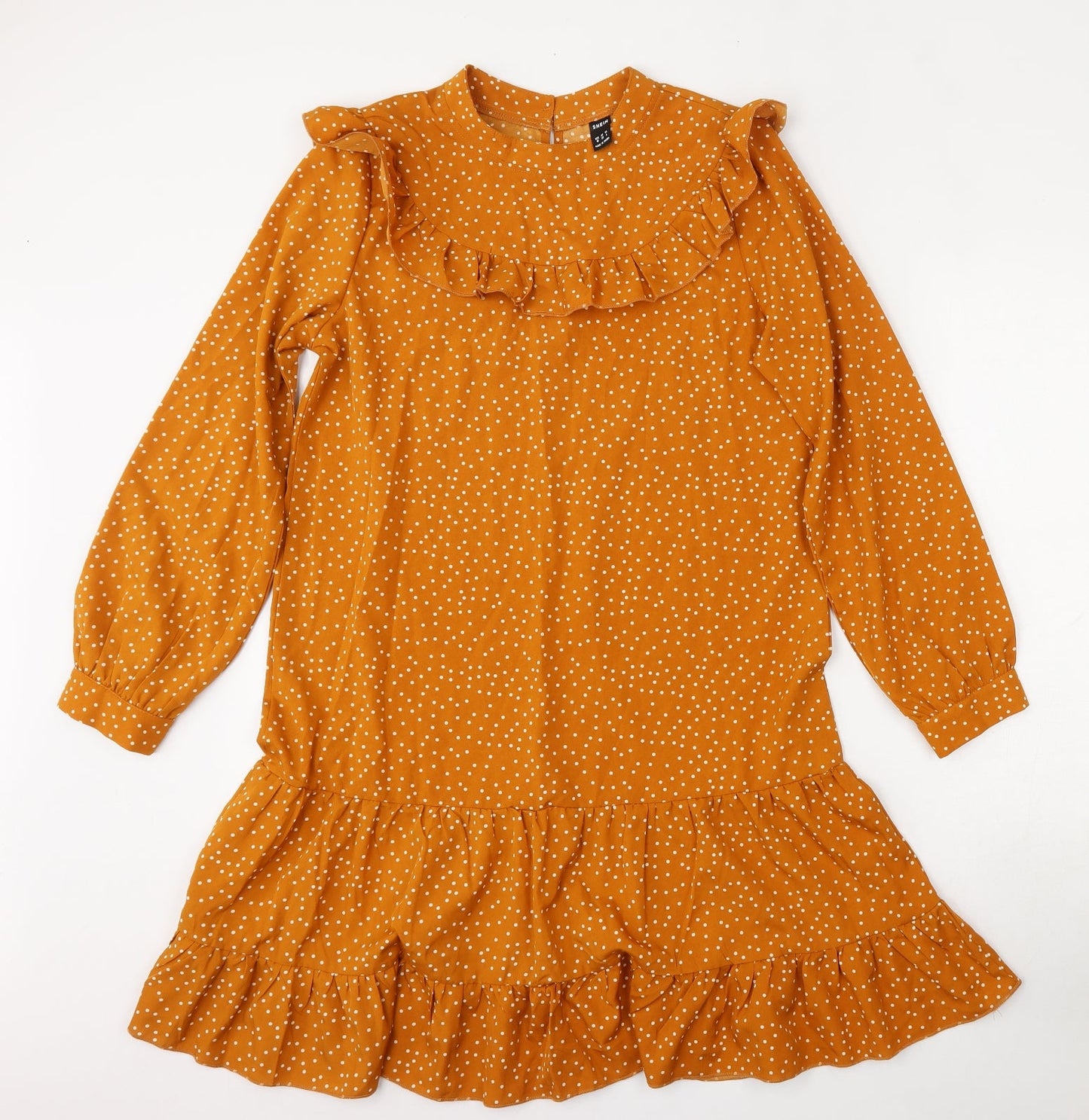 SheIn Womens Orange Polka Dot Polyester Trapeze & Swing  Size M  Round Neck Hook & Eye