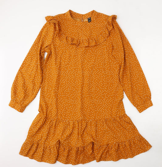 SheIn Womens Orange Polka Dot Polyester Trapeze & Swing  Size M  Round Neck Hook & Eye