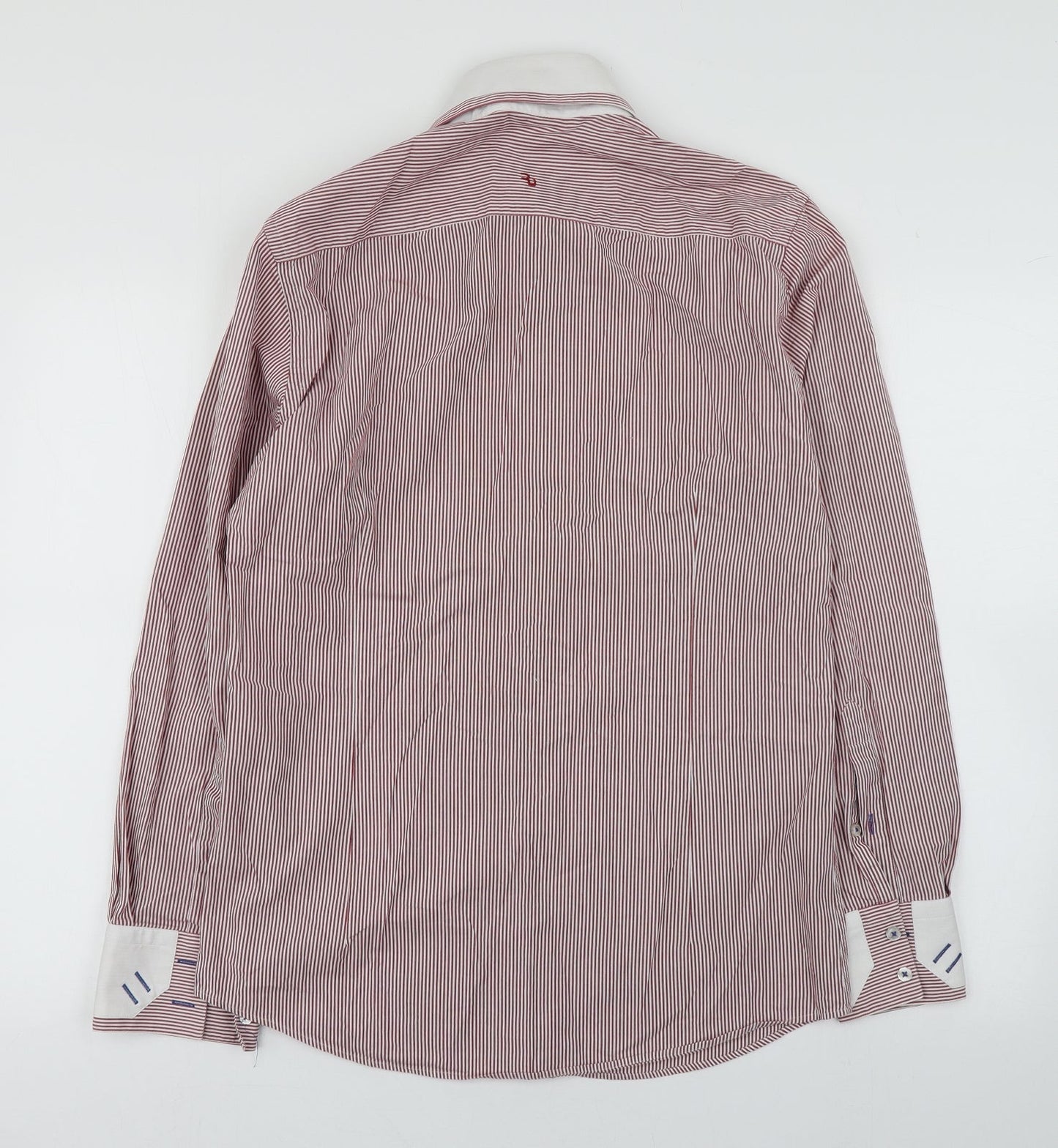 Remus Uomo Mens Red Striped Polyester  Dress Shirt Size M Collared Button