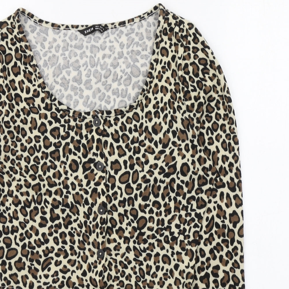 SheIn Womens Brown Animal Print Polyester Basic T-Shirt Size S Scoop Neck