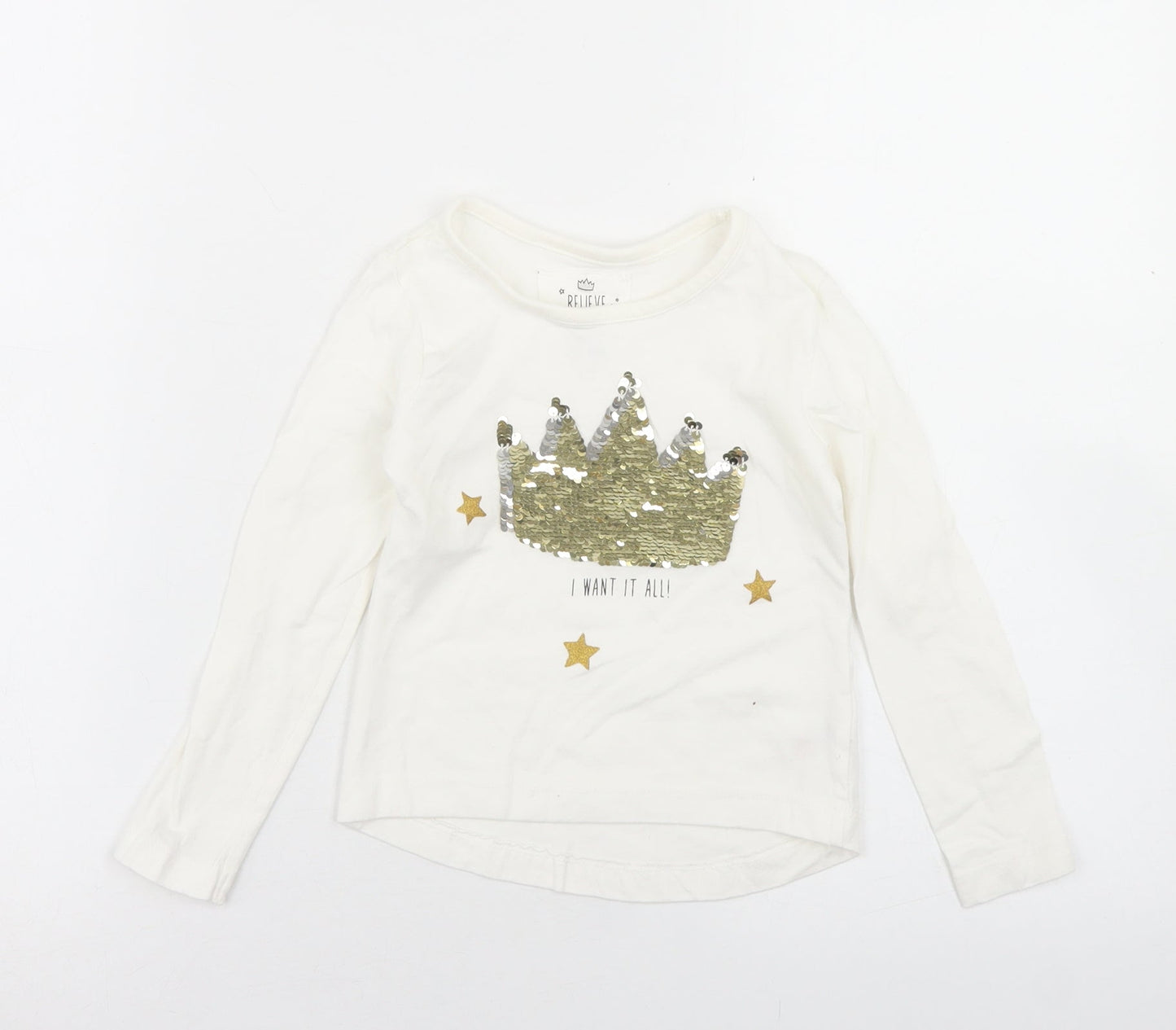 Dunnes Stores Girls Ivory  Cotton Basic T-Shirt Size 3 Years Crew Neck  - Queen