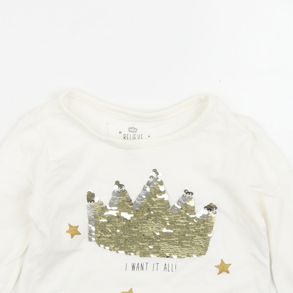 Dunnes Stores Girls Ivory  Cotton Basic T-Shirt Size 3 Years Crew Neck  - Queen