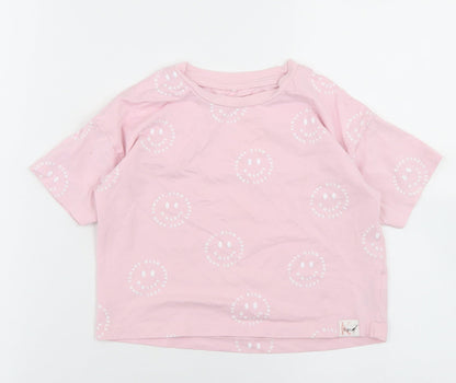 George Girls Pink Geometric Cotton Cropped T-Shirt Size 5-6 Years Crew Neck  - Smiley Face