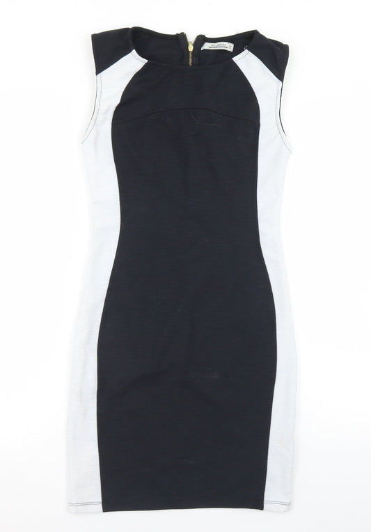 Pull&Bear Womens Black Colourblock Polyester Bodycon  Size L  Round Neck Zip
