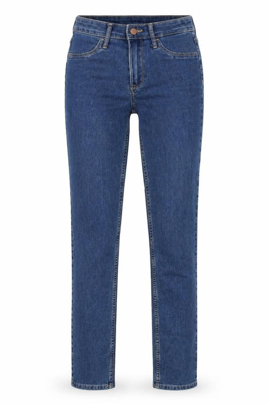 Front view of &Denim women’s blue cotton skinny jeans, size UK 26, 28-inch leg regular button