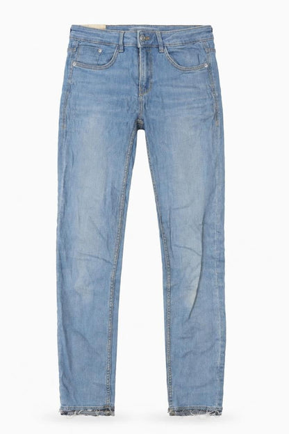 Front view of Zara women’s blue polyester skinny jeans, size UK 26, 27-inch leg regular button