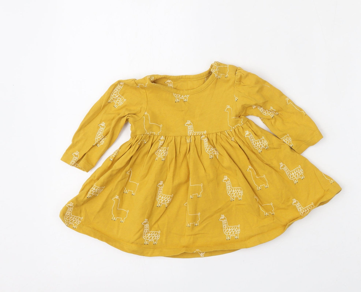 Marks and Spencer Girls Yellow Geometric Cotton Skater Dress  Size 3-6 Months  Round Neck