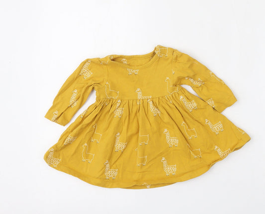 Marks and Spencer Girls Yellow Geometric Cotton Skater Dress  Size 3-6 Months  Round Neck