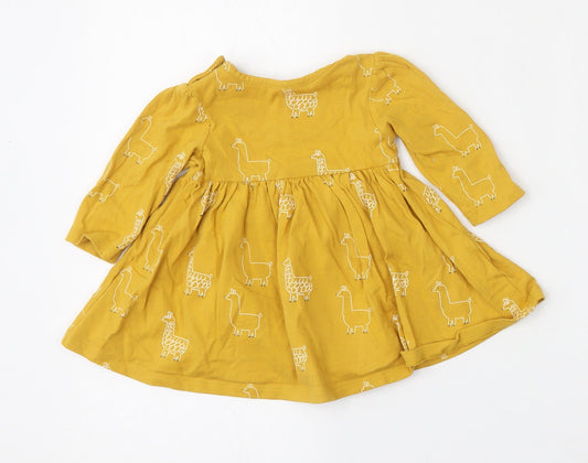 Marks and Spencer Girls Yellow Geometric Cotton Skater Dress  Size 3-6 Months  Round Neck