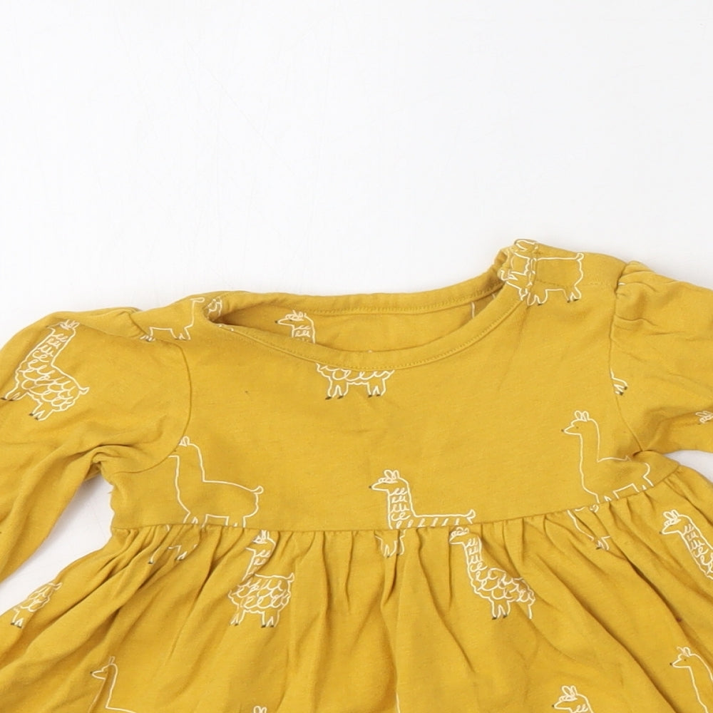 Marks and Spencer Girls Yellow Geometric Cotton Skater Dress  Size 3-6 Months  Round Neck