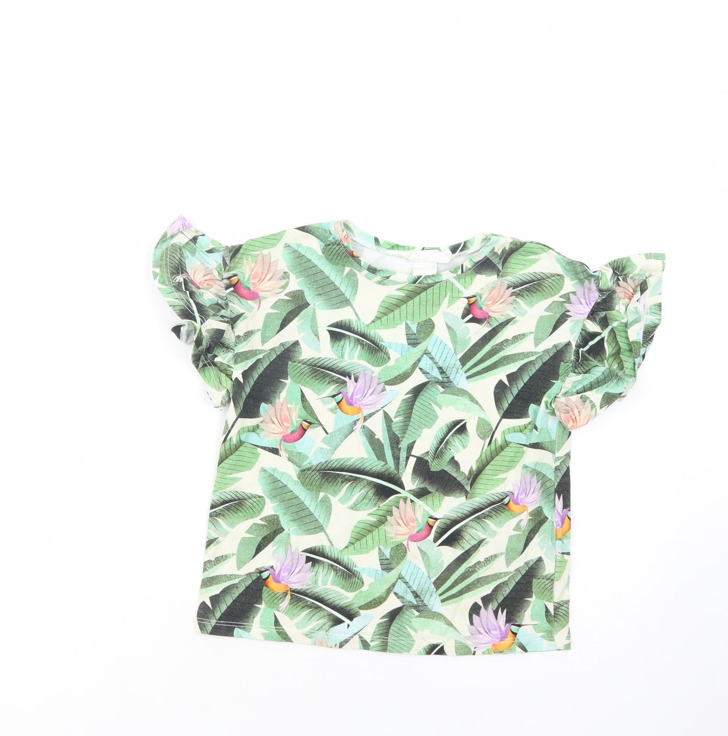 H&M Girls Green Floral Cotton Pullover Polo Size 6-7 Years Crew Neck Pullover