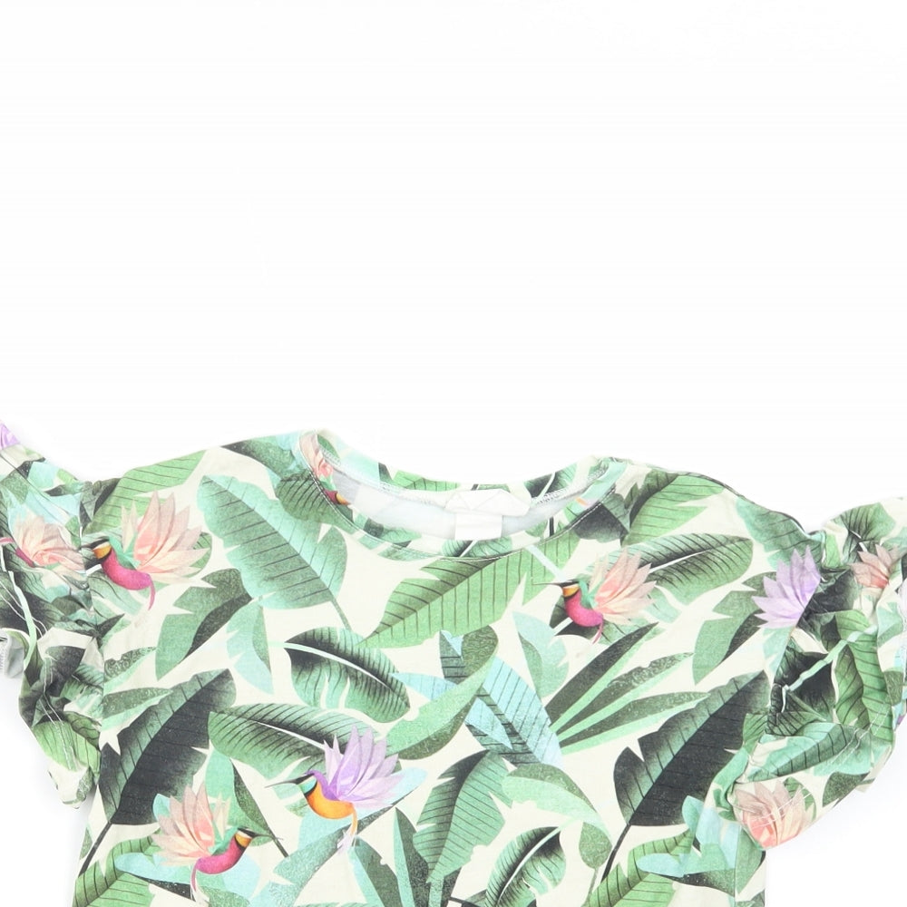 H&M Girls Green Floral Cotton Pullover Polo Size 6-7 Years Crew Neck Pullover