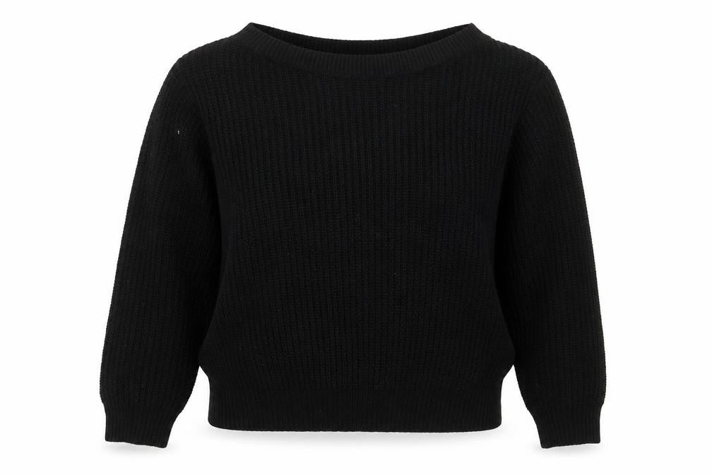 Front view of SHEIN women’s black boat neck acrylic jumper, size M