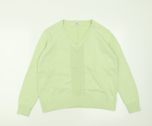 Damart Womens Green V-Neck  Cotton Pullover Jumper Size 14