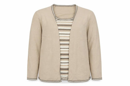 Front view of Preworn women’s beige crew neck striped linen jumper, size UK 16