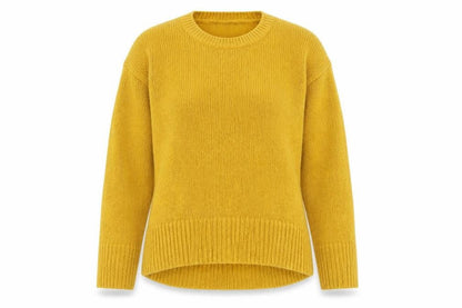 Front view of New Look women’s yellow crew neck acrylic jumper, size S