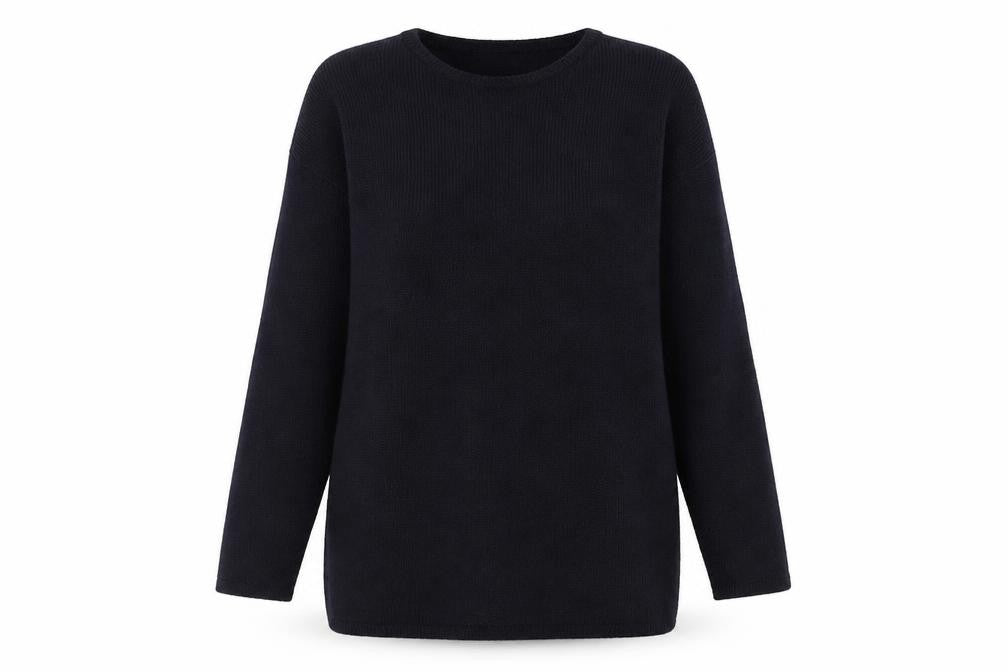 Front view of Joie De Vivre women’s blue crew neck acrylic jumper, size M