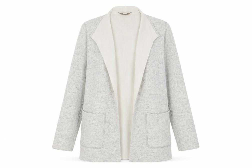 Front view of LOFT women’s grey v-neck acrylic cardigan jumper, size M
