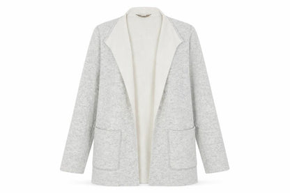 Front view of LOFT women’s grey v-neck acrylic cardigan jumper, size M