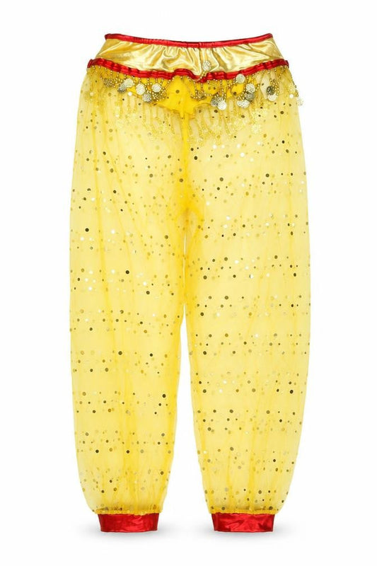 Front view of 1st Position women’s yellow polka dot nylon cropped trousers, size UK 28, in, 24-inch leg regular