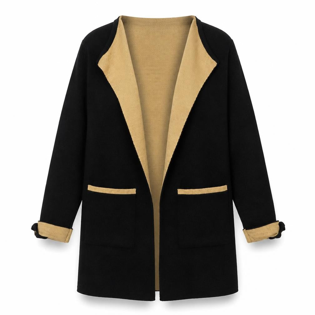 Front view of Select women’s black v-neck acrylic cardigan jumper, size M