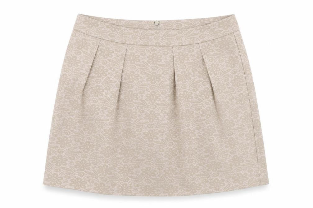 Front view of United Colors of Benetton women’s beige cotton a-line skirt, size UK 8, zip