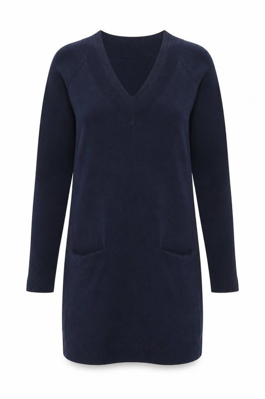 Front view of Tu women’s blue acrylic jacket dress, size UK 10, v-neck pullover